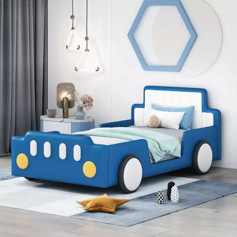 MAYEERTY Twin Size Race Car Shaped Platform Bed; Wheels; Kids Bedroom; Red