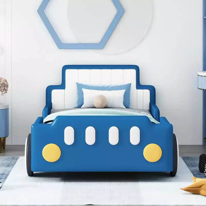 Lit plateforme en forme de voiture de course, taille jumeau ; Roues ; Chambre d'enfant ; Rouge