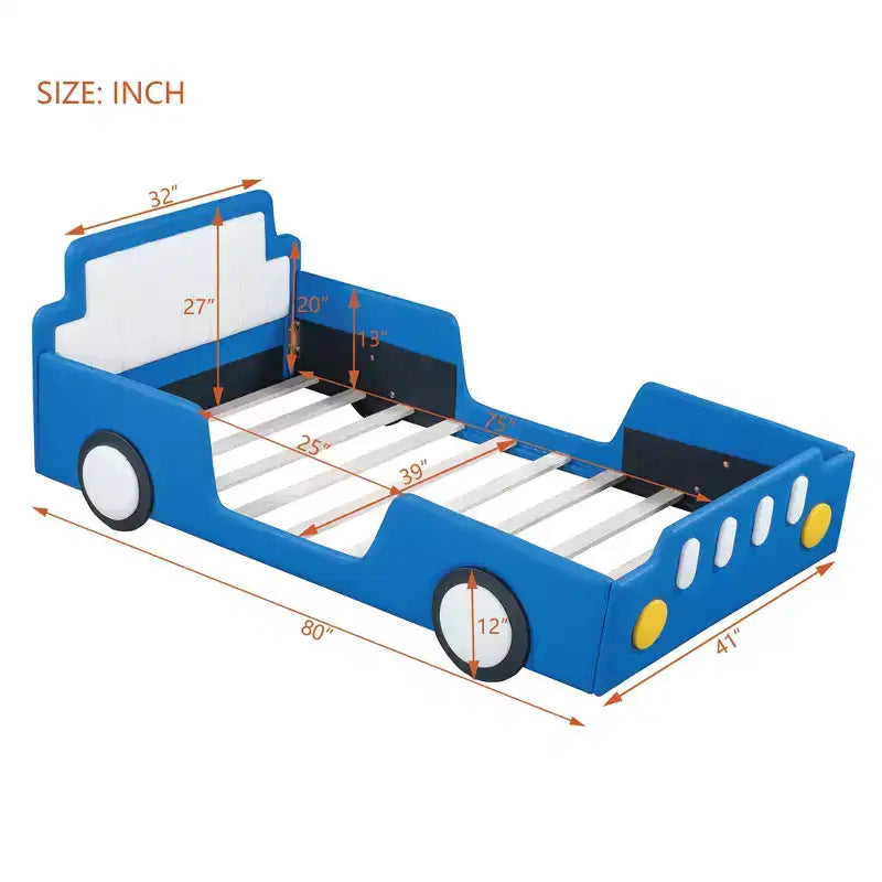 Lit plateforme en forme de voiture de course, taille jumeau ; Roues ; Chambre d'enfant ; Rouge