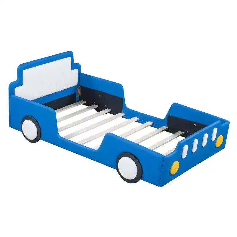Lit plateforme en forme de voiture de course, taille jumeau ; Roues ; Chambre d'enfant ; Rouge