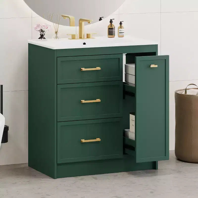 Bathroom Vanity With Single Top Sink; Freestanding Modern Bathroom Storage Cabinet With 3 Drawers; Single Sink Vanity For Small Space Bathroom Green