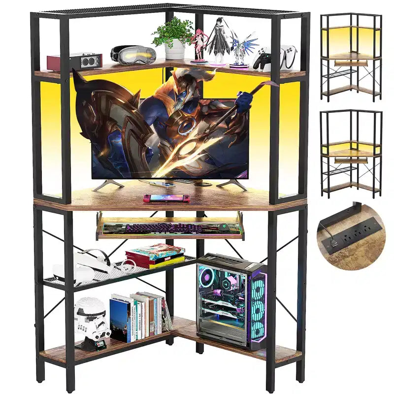 Bureau informatique d'angle avec étagère ; bureau de jeu à domicile avec tablette coulissante pour clavier
