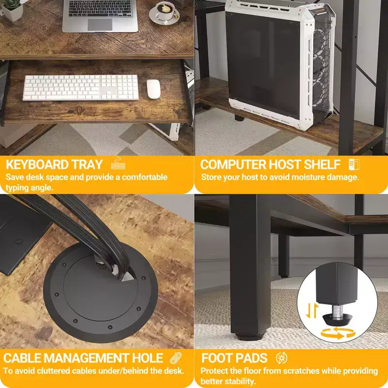 Bureau informatique d'angle avec étagère ; bureau de jeu à domicile avec tablette coulissante pour clavier