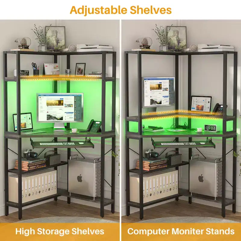 Bureau informatique d'angle avec étagère ; bureau de jeu à domicile avec tablette coulissante pour clavier