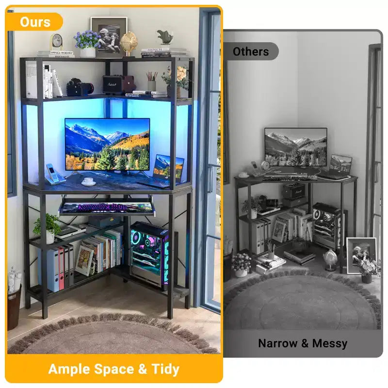 Bureau informatique d'angle avec étagère ; bureau de jeu à domicile avec tablette coulissante pour clavier