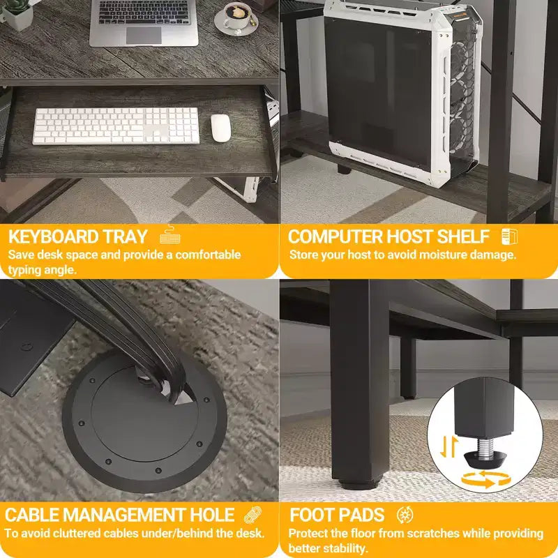 Bureau informatique d'angle avec étagère ; bureau de jeu à domicile avec tablette coulissante pour clavier