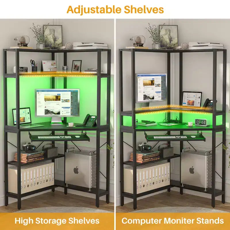 Bureau informatique d'angle avec étagère ; bureau de jeu à domicile avec tablette coulissante pour clavier