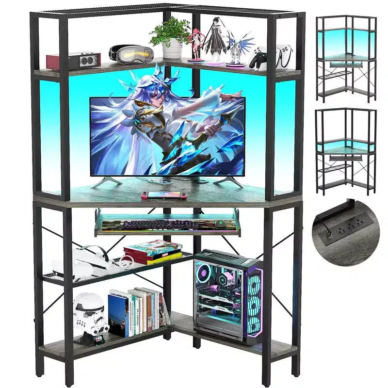 Bureau informatique d'angle avec étagère ; bureau de jeu à domicile avec tablette coulissante pour clavier