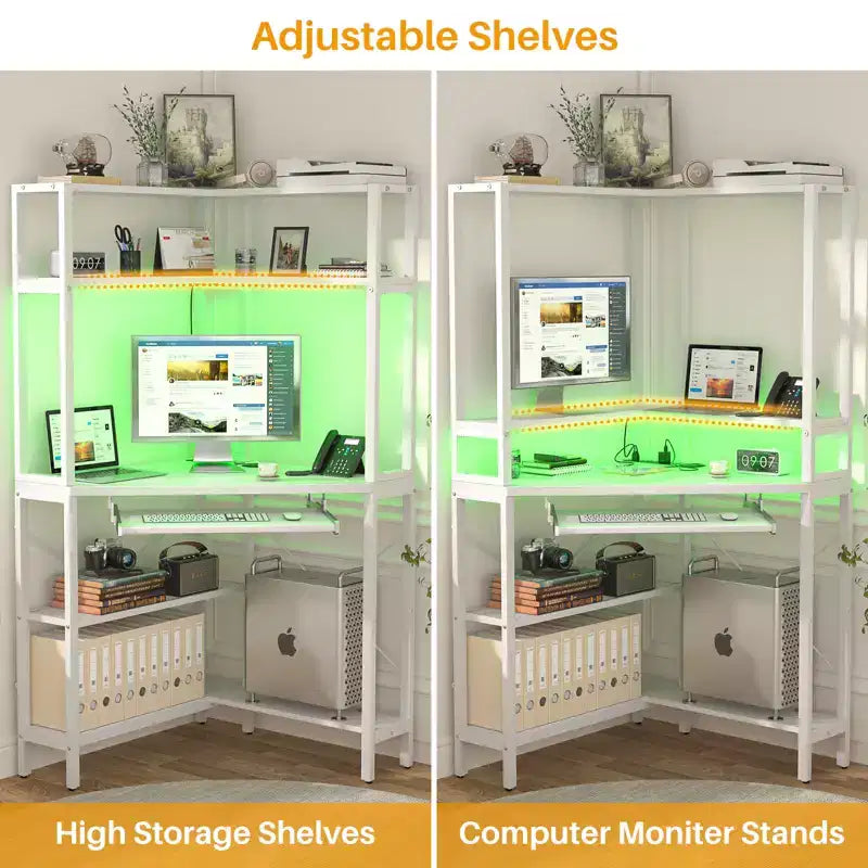 Bureau informatique d'angle avec étagère ; bureau de jeu à domicile avec tablette coulissante pour clavier