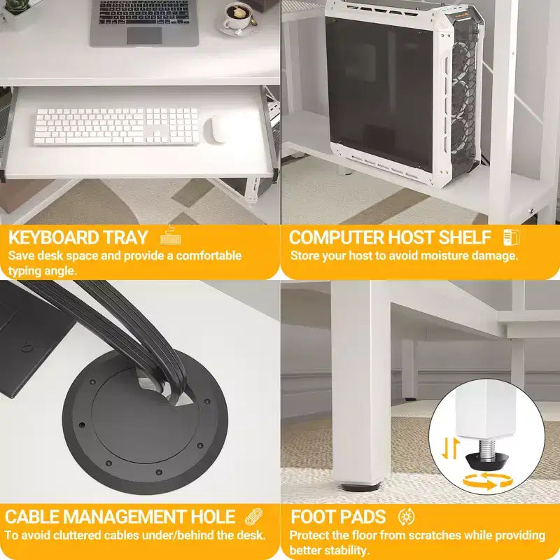Bureau informatique d'angle avec étagère ; bureau de jeu à domicile avec tablette coulissante pour clavier