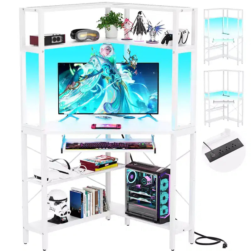 Bureau informatique d'angle avec étagère ; bureau de jeu à domicile avec tablette coulissante pour clavier