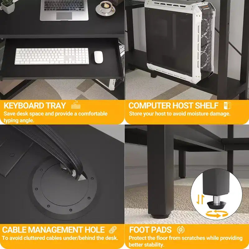 Bureau informatique d'angle avec étagère ; bureau de jeu à domicile avec tablette coulissante pour clavier