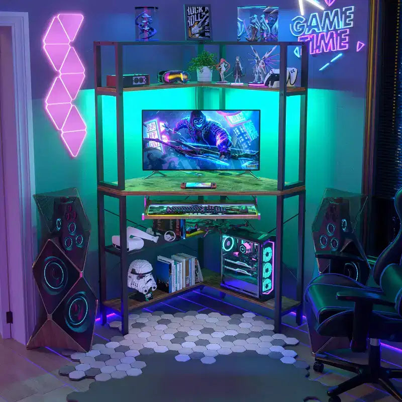 Bureau informatique d'angle avec étagère ; bureau de jeu à domicile avec tablette coulissante pour clavier