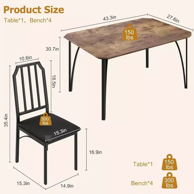 Une table de salle à manger rectangulaire et quatre chaises de salle à manger rembourrées