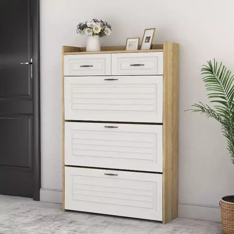 Shoe Cabinet; MDF 3-Door 2-Drawer Storage Unit with PVC Door; Spacious Capacity for Entryway - White & Oak