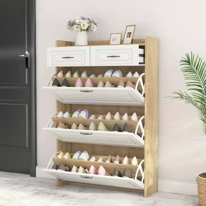 Meuble à chaussures ; meuble de rangement à trois portes et deux tiroirs