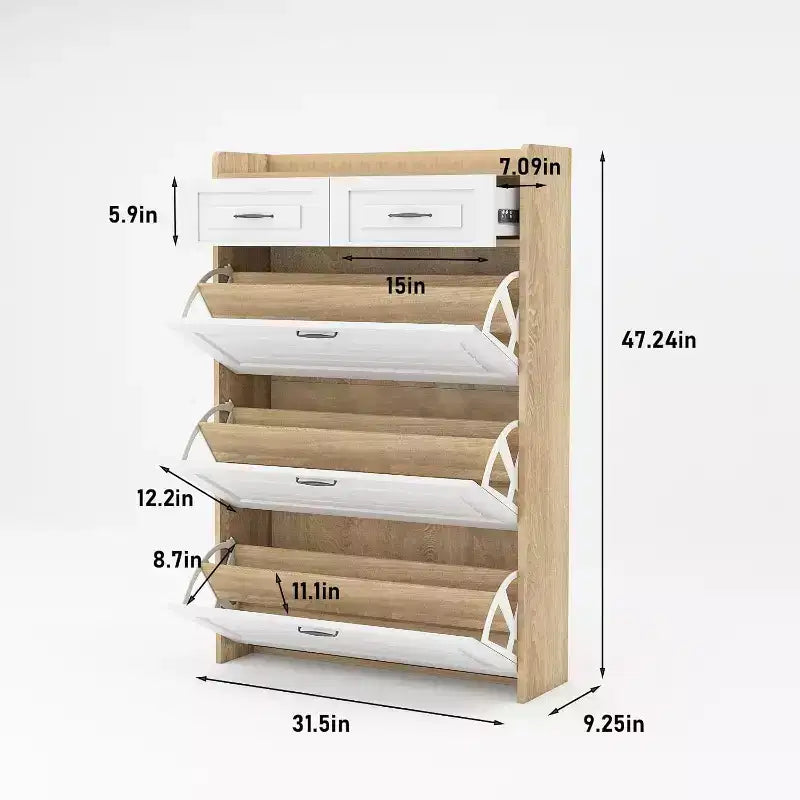 Meuble à chaussures ; meuble de rangement à trois portes et deux tiroirs