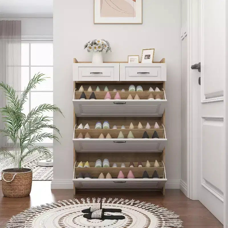 Meuble à chaussures ; meuble de rangement à trois portes et deux tiroirs