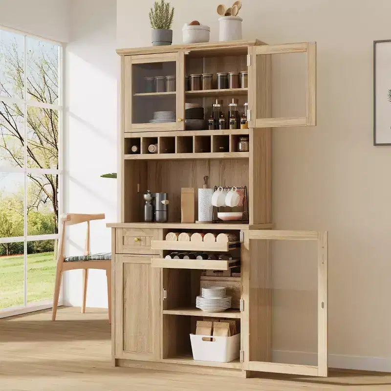 75 Tall Kitchen Pantry Cabinet with Glass Doors; Freestanding Buffet Hutch for Kitchen; Dining Room; or Living Room-Panipeachy