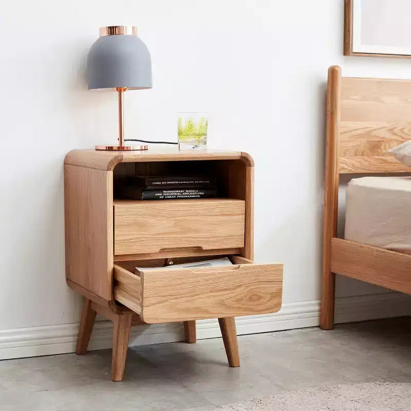 Modern Solid Oak Nightstand with 2 Drawers; Mid-Century Bedside Cabinet with Storage; Compact Wooden Nightstand for Bedroom-Panipeachy