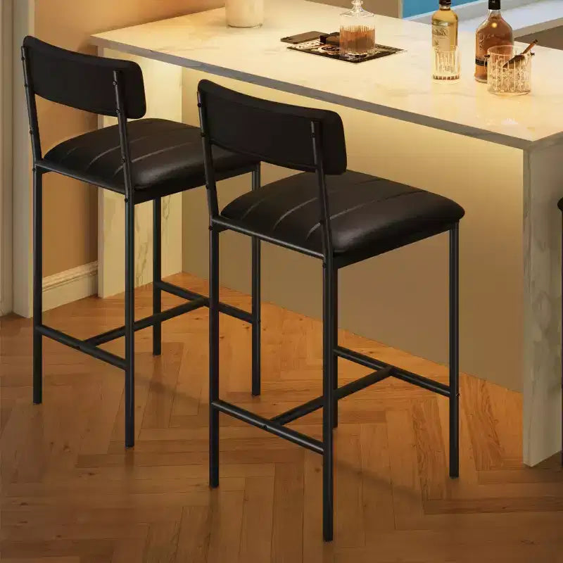 Set of 2 Counter Height Bar Stools with Footrest & Back - PU Leather Kitchen Barstools for Island; Counter; Apartment - Classic Black