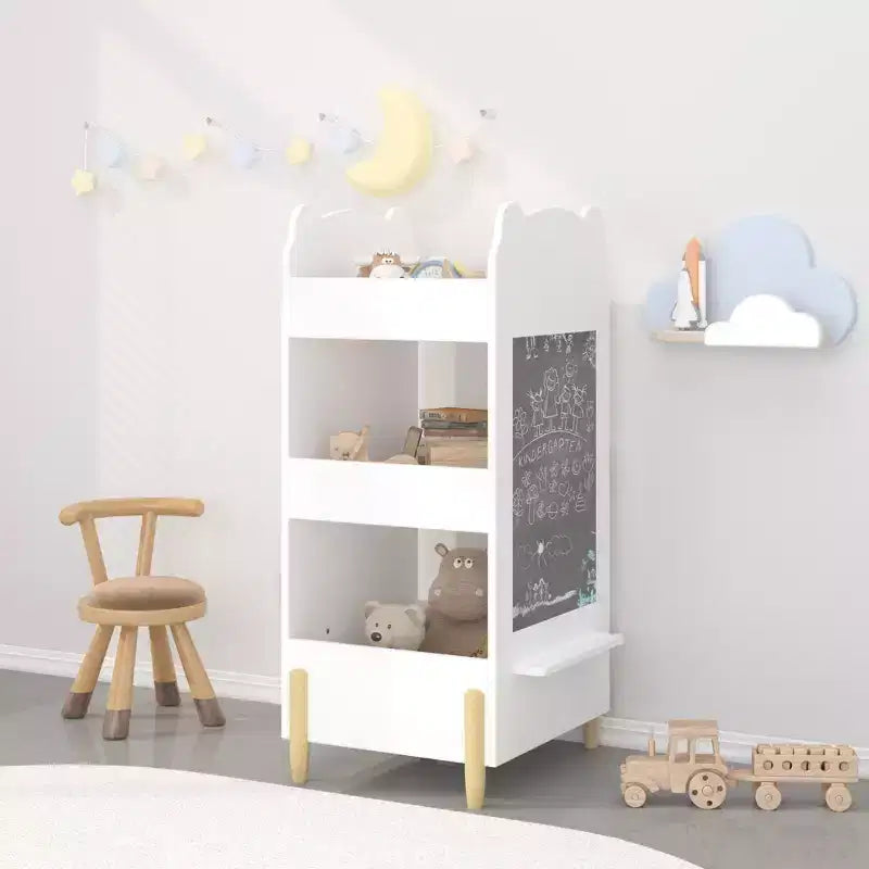 Kids Bookshelf with Chalkboard Side Bear-Shaped Wooden Bookcase with 3-Tier Storage; Drawing Board for Toddlers; Toy and Book Organizer White