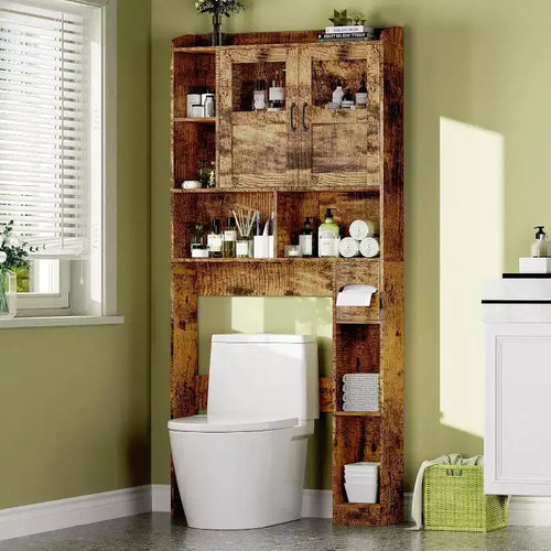 Over Toilet Storage Cabinet with Adjustable Shelves; Tall Bathroom Cabinet with Glass Doors; Freestanding Toilet Organizer for Bathroom
