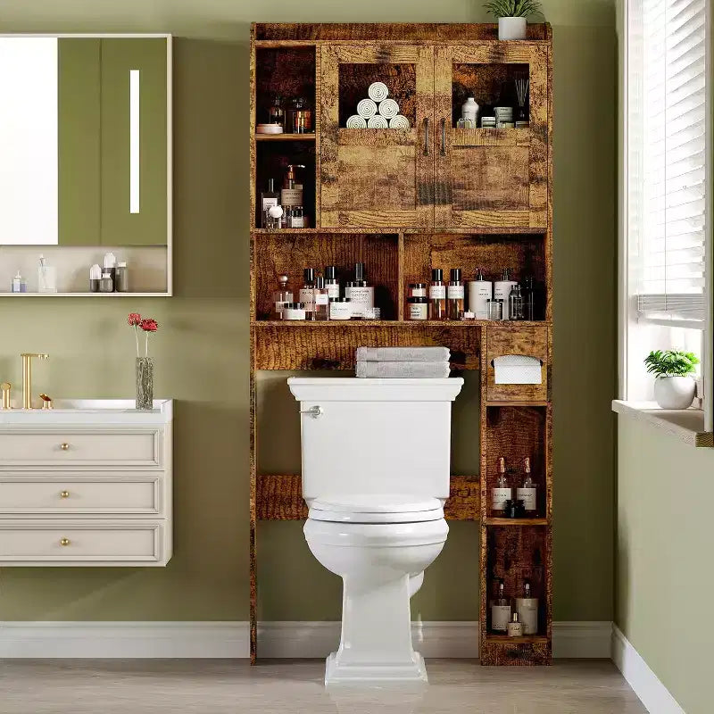 Meuble de salle de bain avec porte vitrée ; étagère de rangement autoportante pour toilettes