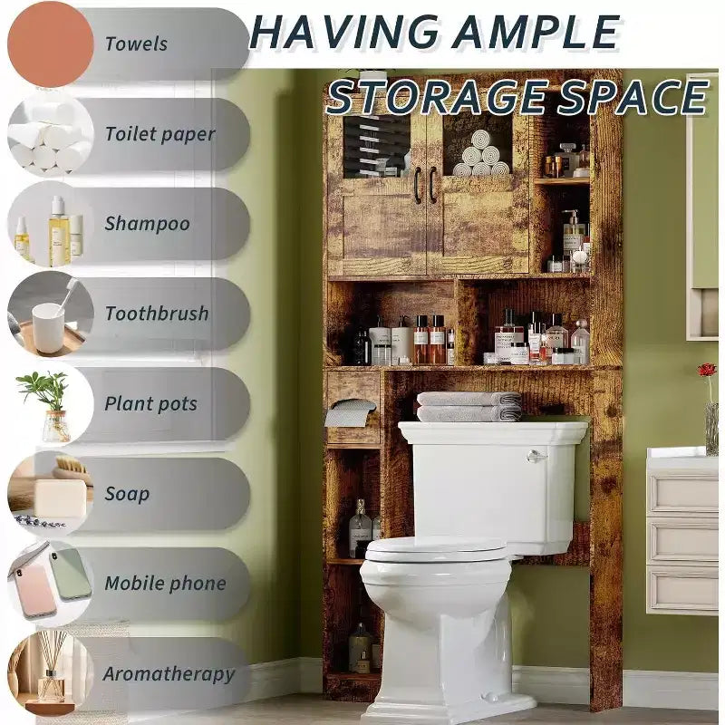 Meuble de salle de bain avec porte vitrée ; étagère de rangement autoportante pour toilettes
