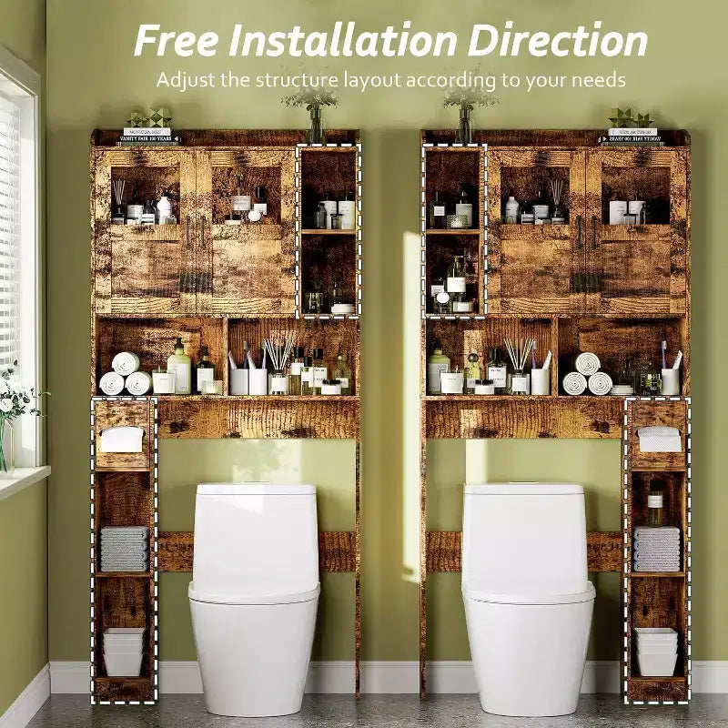 Meuble de salle de bain avec porte vitrée ; étagère de rangement autoportante pour toilettes