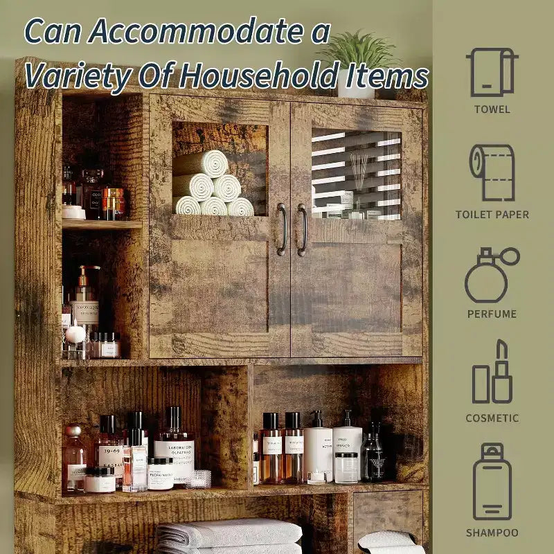 Meuble de salle de bain avec porte vitrée ; étagère de rangement autoportante pour toilettes