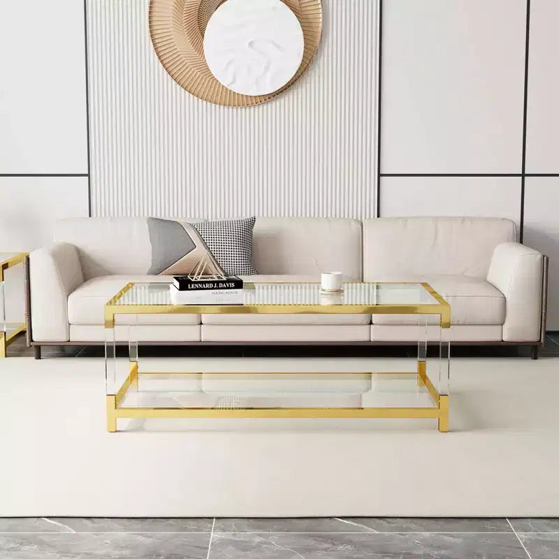 MAYEERTY Modern Acrylic Legs Coffee Table; Double Layer Tempered Glass Top with Golden Metal Frame for Living Room Office