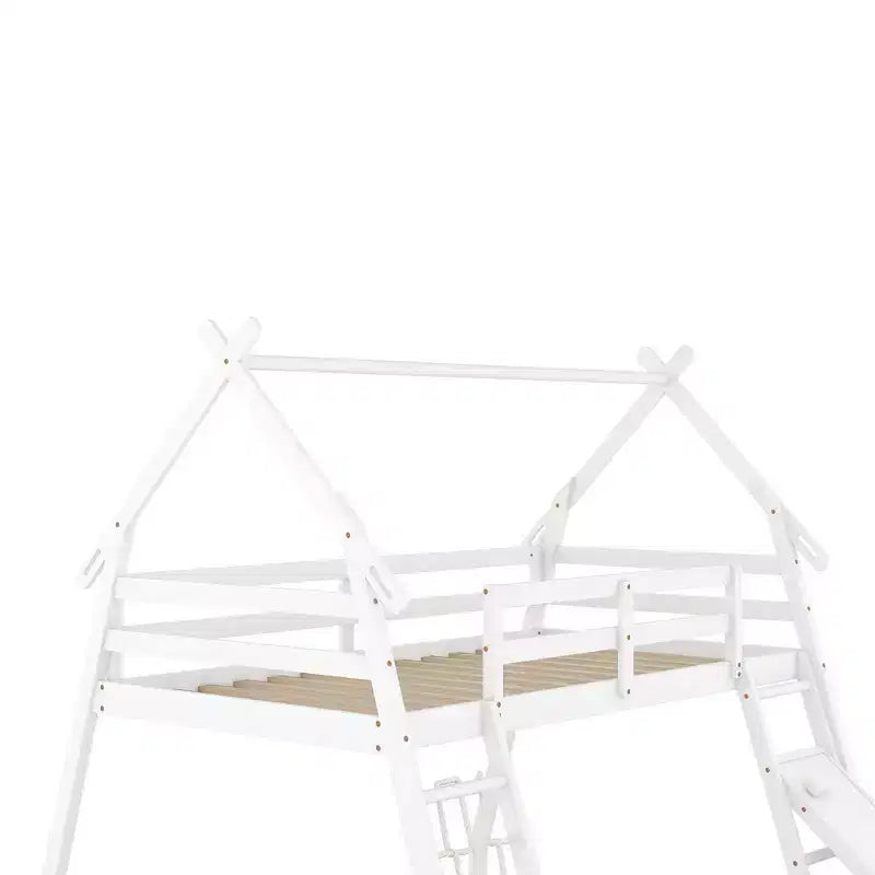 Lit superposé en bois avec barrières de sécurité, adapté aux enfants et aux adolescents.