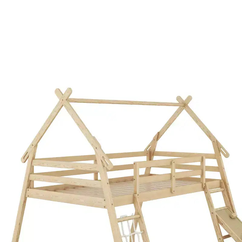 Lit superposé en bois avec barrières de sécurité, adapté aux enfants et aux adolescents.