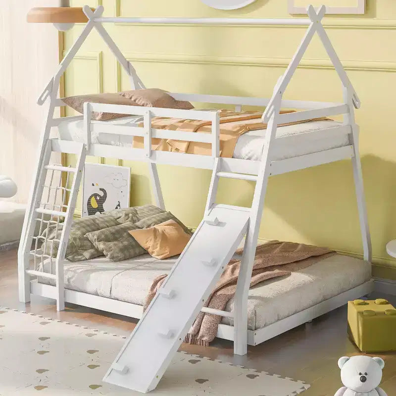 TUYOHW Twin Over Queen House Bunk Bed with Climbing Nets and Climbing Ramp;Wood Bunk Bed Frame with Safety Guardrail for Kids Teens