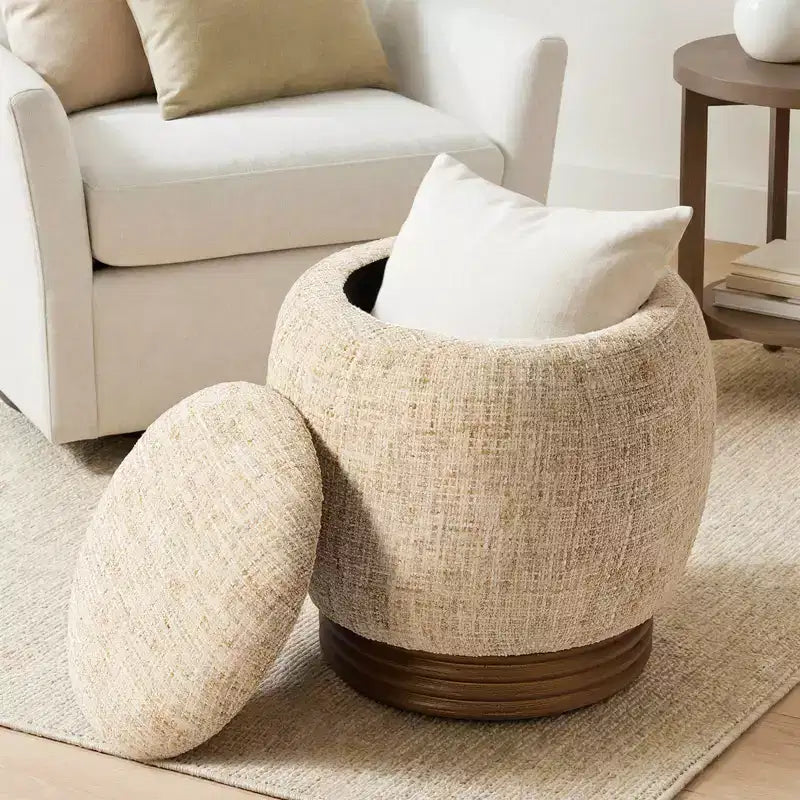 Bekrvio Round Storage Ottoman with Flip-Top Lid;Lambswool/Chenille Upholstered Footrest w/ Solid Acacia Wood Frame(500 lb);Living Room Accent Ottoman
