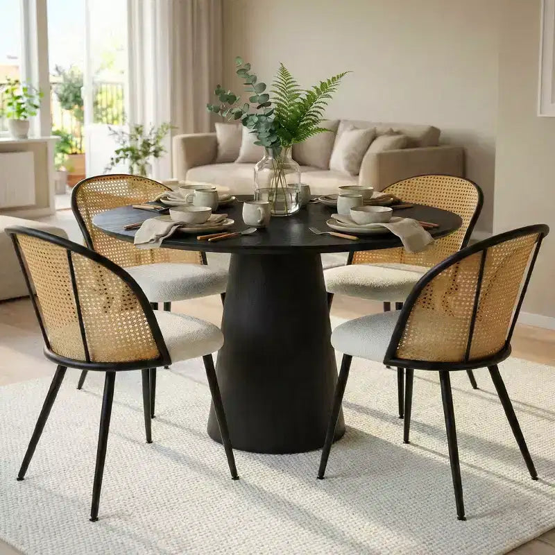 Rattan Dining Chairs Set of 4; Modern Upholstered Armless Kitchen Side Chair with Woven Cane Back; White Boucl Seat & Black Metal Legs - Panipeachy
