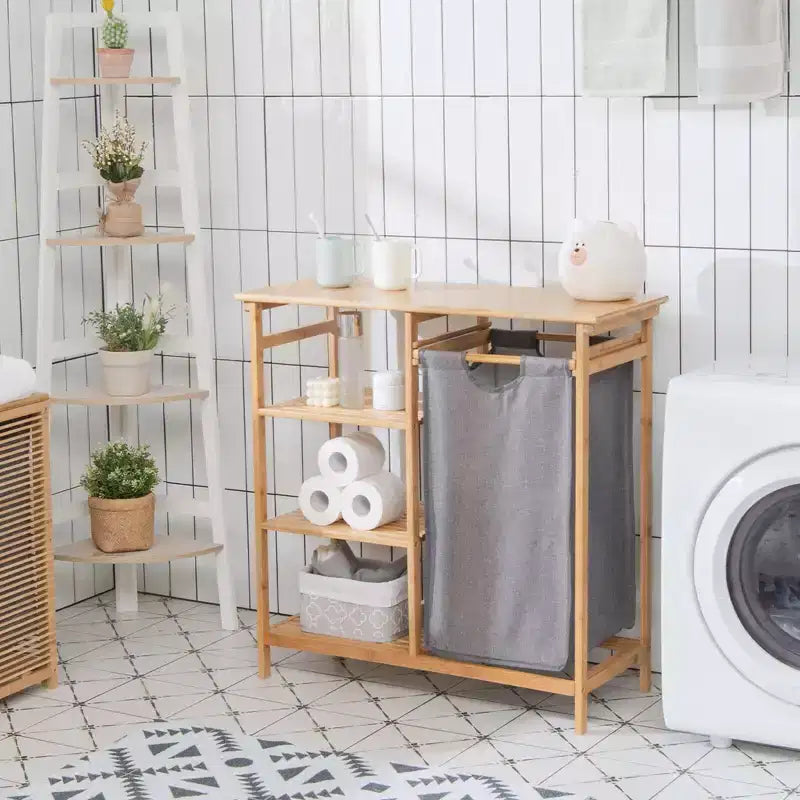 Tablette de panier à linge en bambou avec étagère de rangement et sac coulissant