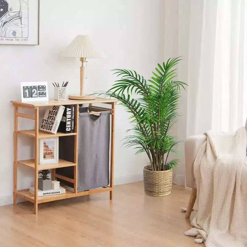 Tablette de panier à linge en bambou avec étagère de rangement et sac coulissant