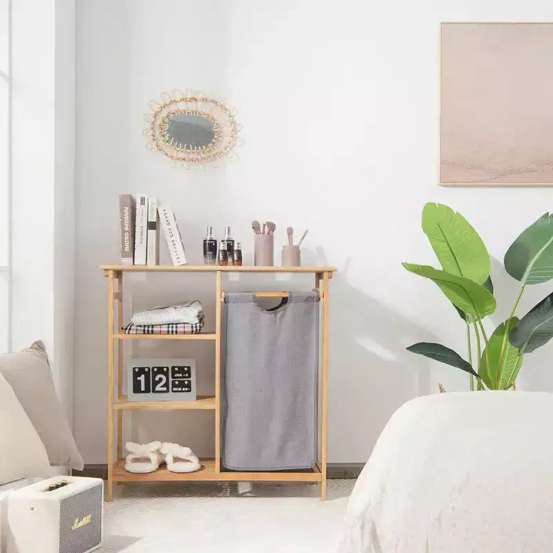 Tablette de panier à linge en bambou avec étagère de rangement et sac coulissant