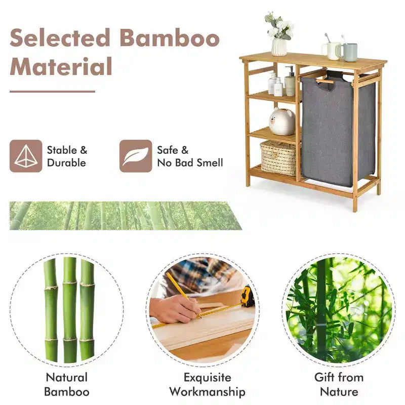 Tablette de panier à linge en bambou avec étagère de rangement et sac coulissant