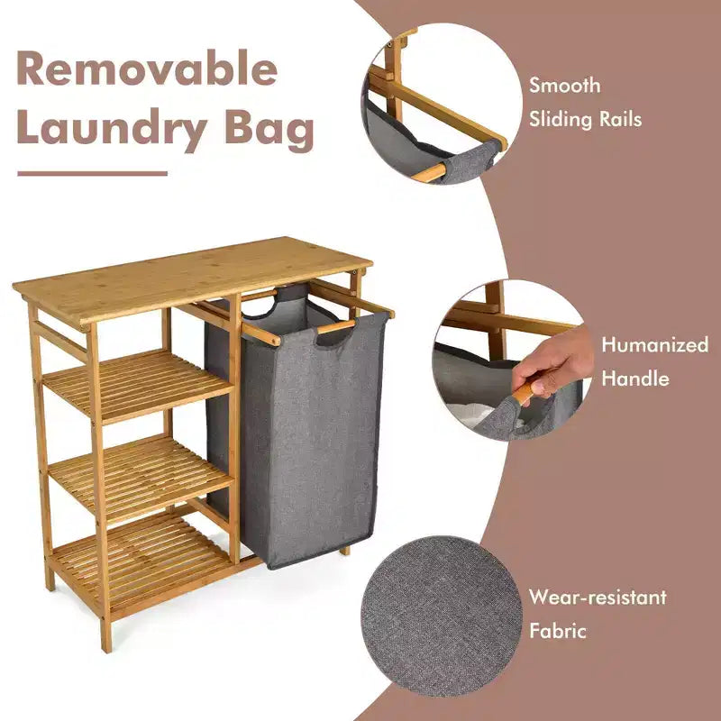 Tablette de panier à linge en bambou avec étagère de rangement et sac coulissant