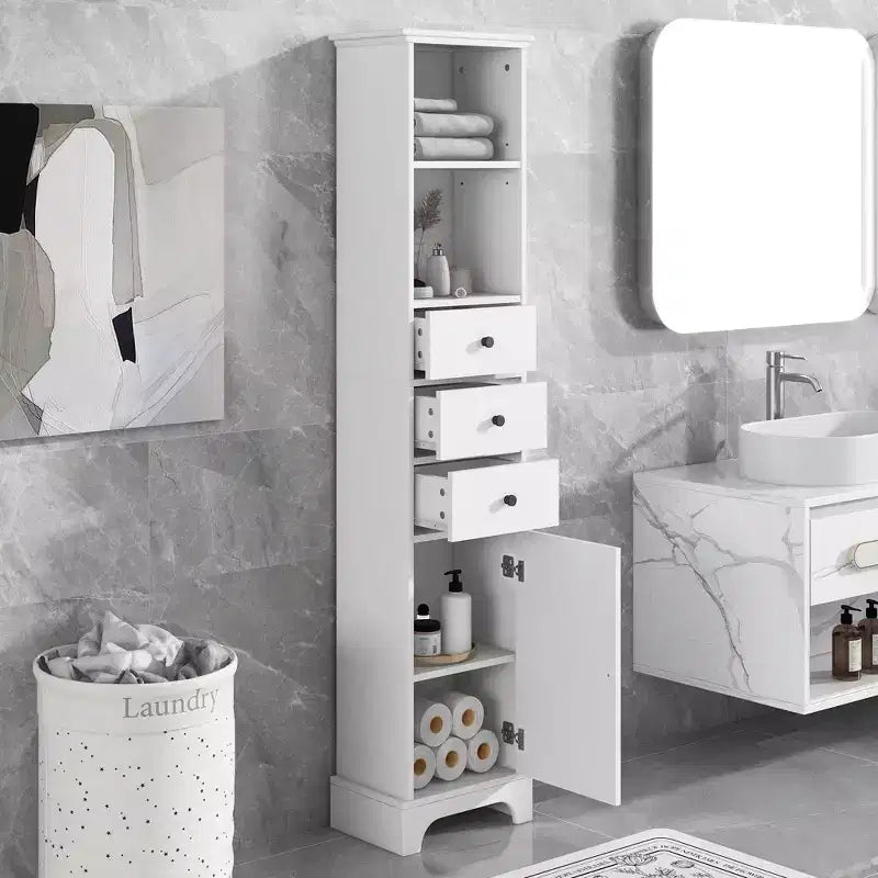 Meuble-lavabo avec 3 tiroirs et des étagères réglables.