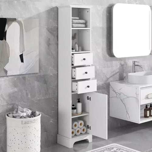 Meuble-lavabo avec 3 tiroirs et des étagères réglables.