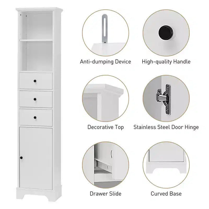 Meuble-lavabo avec 3 tiroirs et des étagères réglables.